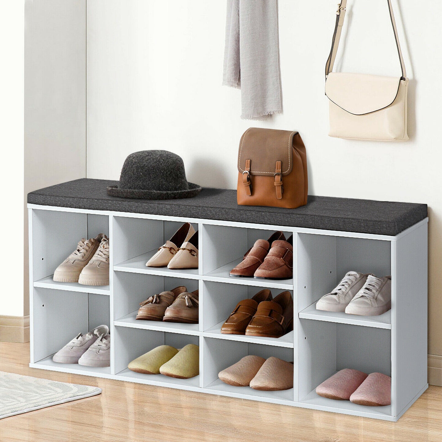 10-Cube Storage Bench Cabinet with Adjustable Shelves-Black
