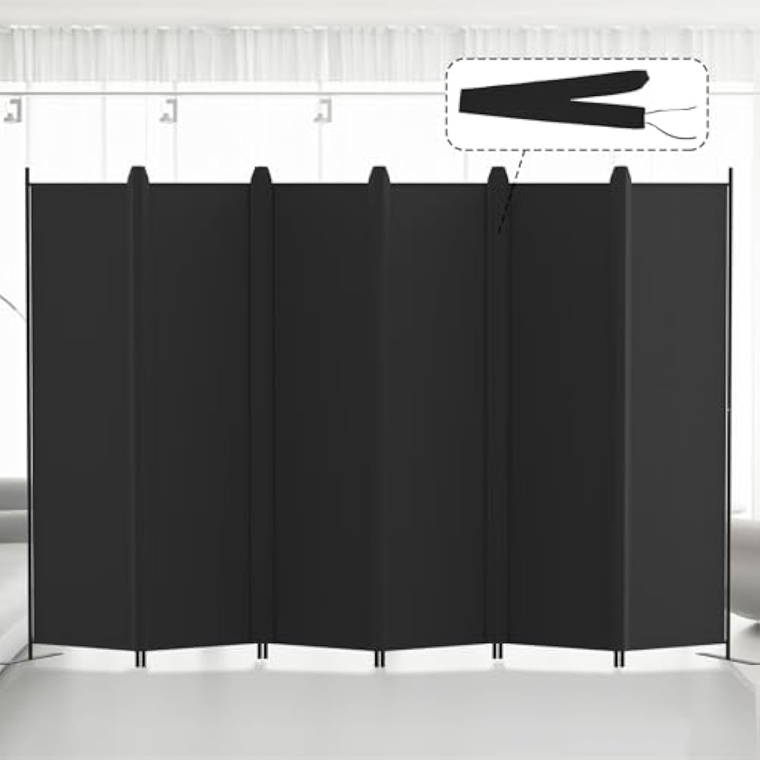 Kokorona 6 Panel Room Divider, 6FT Tall Folding Privacy Screen Wall Dividers, Portable Privacy Screen Freestanding Room Divider for Room Separation, Included-Cover Strips, Black, W 305 x H 183 cm