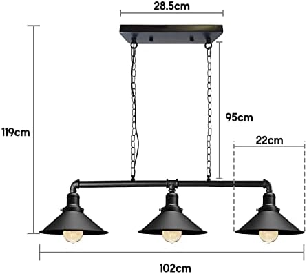 LEDSone Industrial 3 Way Pipe Pendant Lamp E27 Lamp Holder 22cm Black Cone Shade Ceiling Light Fixture with 95cm Adjustable Hanging Chandelier for Dining Room, Kitchen Island, Bar