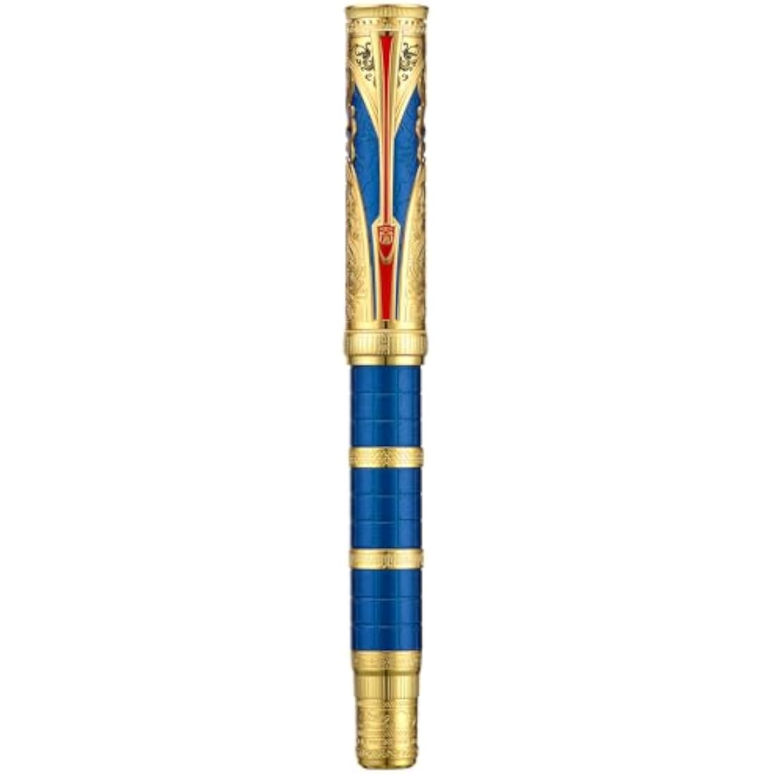 Hongdian D5 Qin Dynasty Fountain Pen Blue Gold, Extra Fine Nib Piston Filling Pen, Retro Chinese Totem Engraving Smooth Writing Pen with Pen Box Set