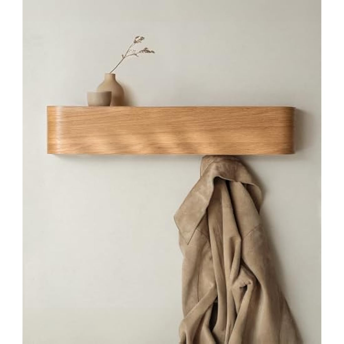 Kazai. Wall-Mounted Coat Rack 'Toke' | Modern Design Coat Rack with Hidden Wall Hooks | Solid Wood Veneer Panel Coat Hanger | Oak