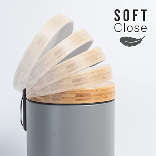 Kazai. 3L Designer Bathroom Bin | Superior Bamboo | Soft Closing | Anti-Finger | Grey