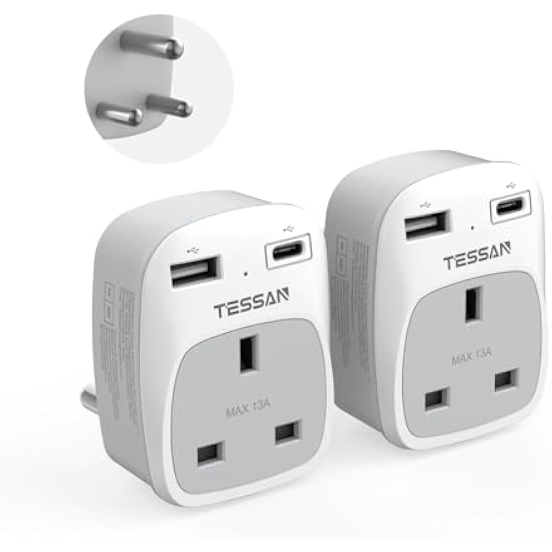 UK to South Africa Plug Adapter 2 Pack, TESSAN 3 in 1 Travel Adapter with 2 USB(1 USB C), South Africa Travel Plug for Namibia, Swaziland (Type M)