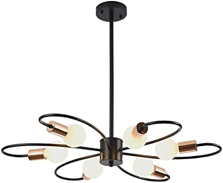 Qcyuui 6-Light Black Chandeliers, Gold Sputnik Ceiling Light, Vintage Instustrial Metal Pendant Light, Adjustable Height Chandeliers for Living Room Bedroom