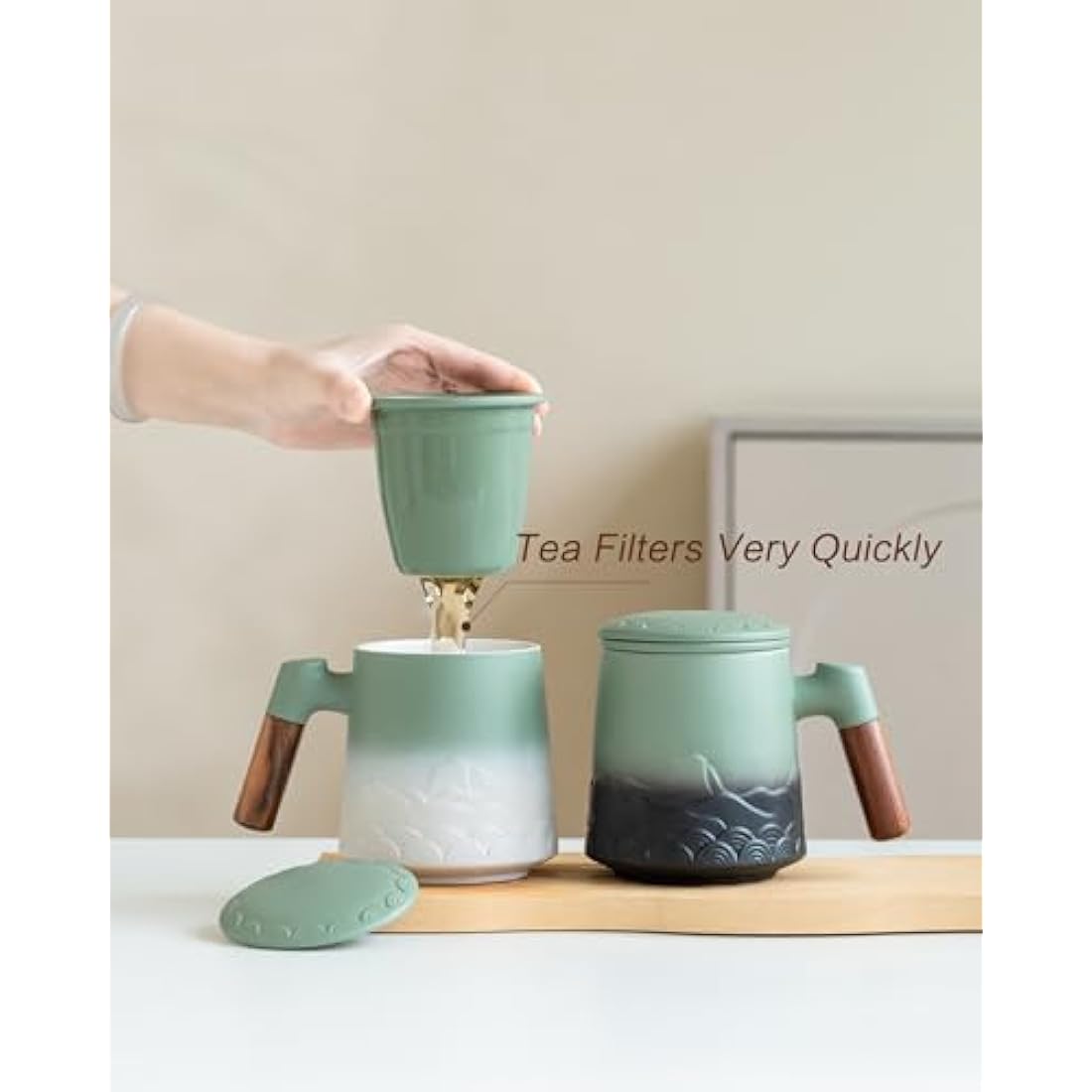 ZENS Tea Mug with Infuser and Lid, 500 ML Embossed Ceramic Loose Leaf Tea Cup with Strainers for Tea Diffusers, Wood Handle Tea Infuser Mug for Loose Tea Lovers Gifts, Tea Accessories