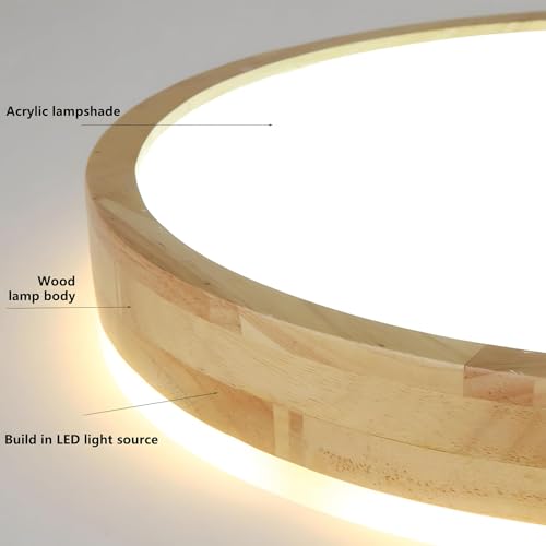 YYUTLUO LED Ceiling Light Wood, Top 360 Glow Round Natural Wooden Lamp | 4500K Natural White, 18W 1600lm | Living Room, Kitchen, Dining Room,