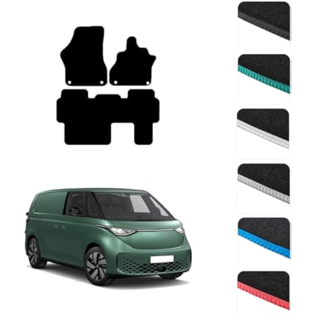 GCM - Car Floor Mats for VW ID Buzz MPV 2022+(2 Piece Front &1 Piece Rear) Full Floor Protection - Anti Slip Car Mat with Clips Easy to Clean Car Carpet for All-Weather- (Black Edging, Carpet)