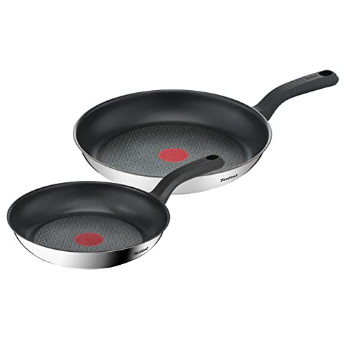 Tefal Comfort Max 24/28cm Stainless Steel Frying Pan Set ? Durable Non-Stick Pan with Thermo-Spot Heat Indicator, Induction Compatible Base,