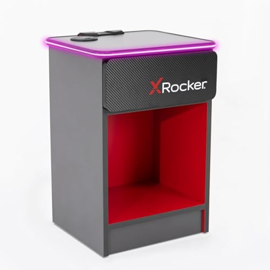X-Rocker Carbon-Tek Gaming Bedside Table Unit with Built-in Wireless Charging and Ambient RGB Lighting, Gaming Bedroom Furniture Side Cabinet End Table with Drawer and Storage Shelf - GREY/RED