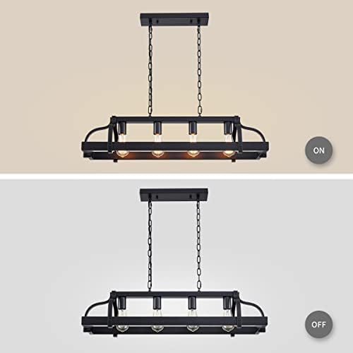 WUZUPS 4-Light Metal Pot Hanging Rack Chandelier Linear Pendant Ceiling Lighting Rustic Farmhouse Fixture Kitchen Island Dining Room, H25 x L88 x W30, E27 Base, Black