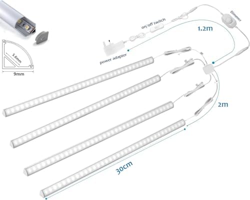 Cefrank V-Shape Under Cabinet Lighting Kit - 4pcs Sleeker 30cm Dimmable LED Light Bars for Showcase Shelf Seamless Illumination - 1200lm, 12W - Pure White (6000K)