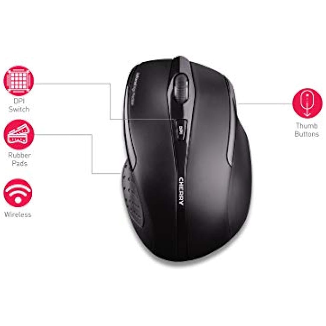 CHERRY MW 3000, Wireless Ergonomic Right-Handed Mouse, 2.4 GHz RF, 6 Buttons, Optical Sensor, Rubberised Side Panels, Battery-Operated, Black
