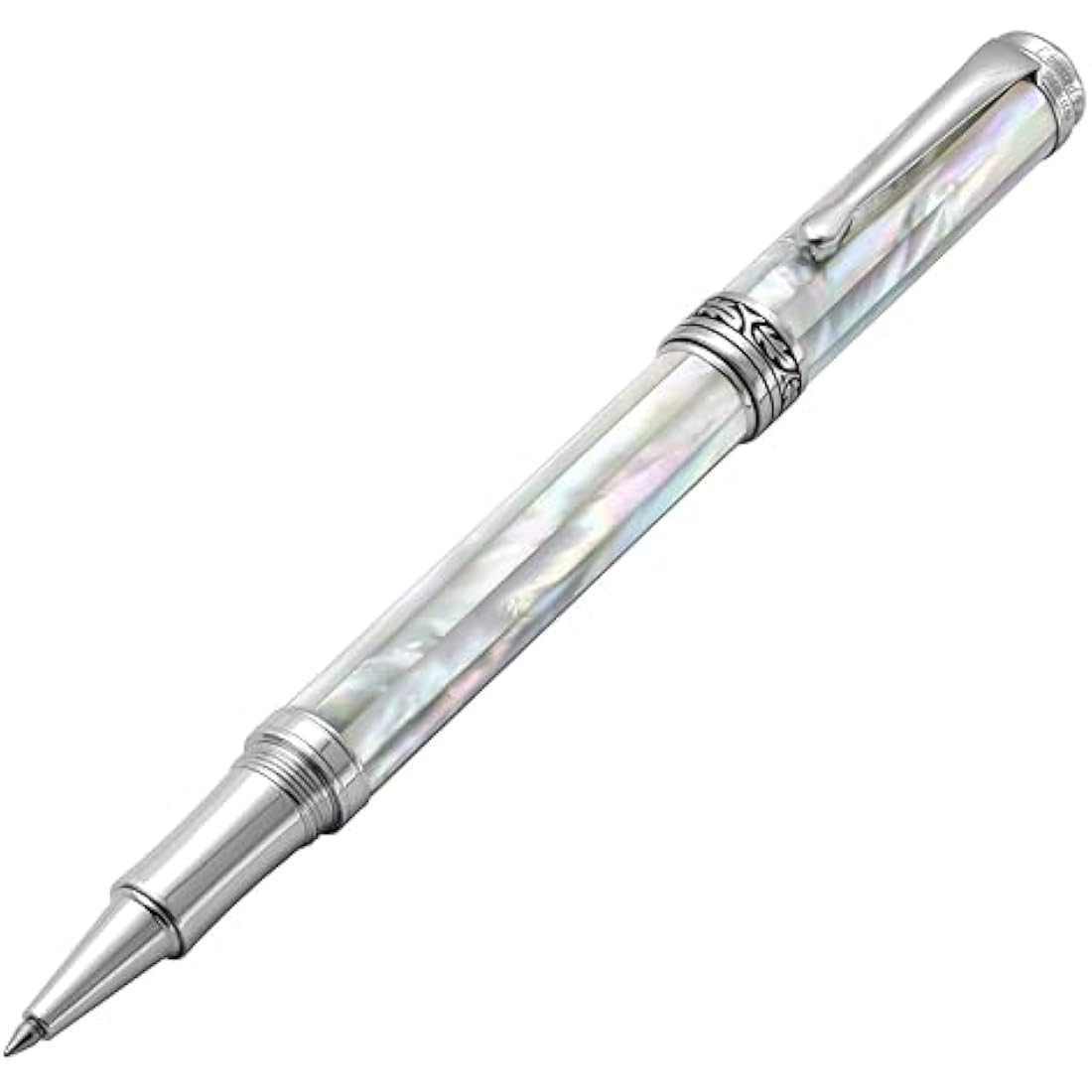 Xezo Maestro Rollerball Pen, Fine Point. Oceanic White Mother of Pearl with Chrome Plating. Handcrafted, Limited Edition, Serialized. No Two Pens Alike