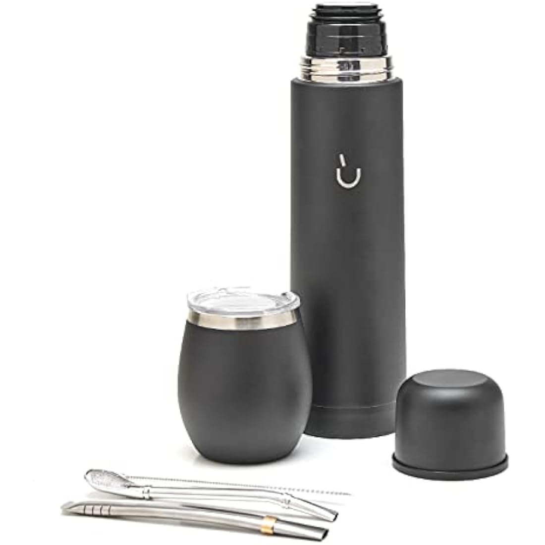 balibetov Complete Yerba Mate Set - Modern Mate Gourd, Vacuum Flask, Bombilla and Cleaning Brush Included - All Premium Quality 304 18/8 Stainless Steel (Black)
