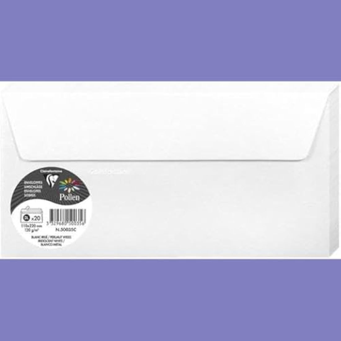 Clairefontaine - Ref 50035C - Pollen Iridescent Adhesive Envelopes (Pack of 20) - DL (110 x 220mm) in Size, 120gsm Paper, Easy-to-Peel Adhesive Strip - White
