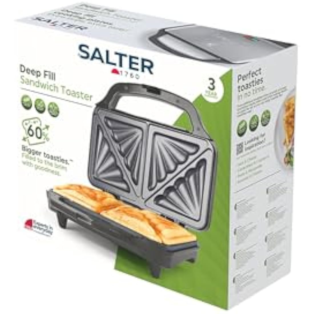 Salter Sandwich Toaster – Non-Stick, Deep Fill Toastie Maker, Cook 2 Toasted Sandwiches Together, 4 Slice Grill Press, Automatic Temperature Control, Cool Touch Handle, Easy Clean, 900W, EK2017
