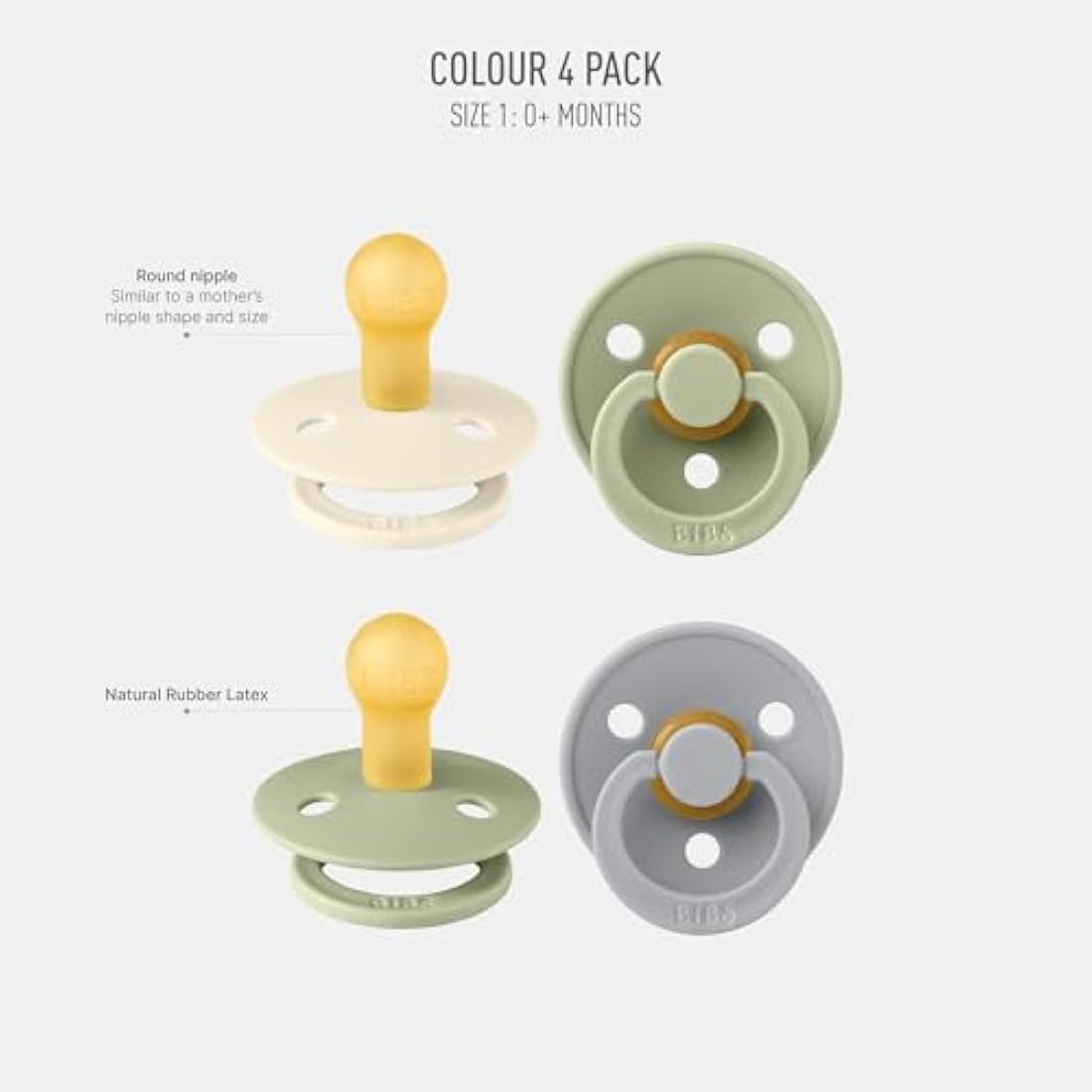 BIBS Dummies Colour 4-Pack, BPA Free Dummy Pacifier, Round Nipple Soothers, Natural Rubber Latex, Made in Denmark. 0-6 Months (Pack of 4), Sage Mix