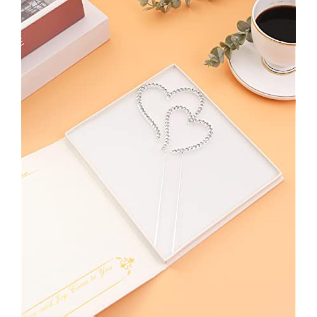 LOVENJOY Double Hearts One Love Wedding Cake Toppers Silver Diamante Heart Cake Decorations, Gift Boxed