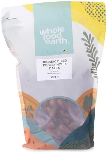 Wholefood Earth Organic Dried Deglet Nour Dates (Pitted) – 2 kg | GMO Free | Raw | Vegan | High Fibre | Certified Organic