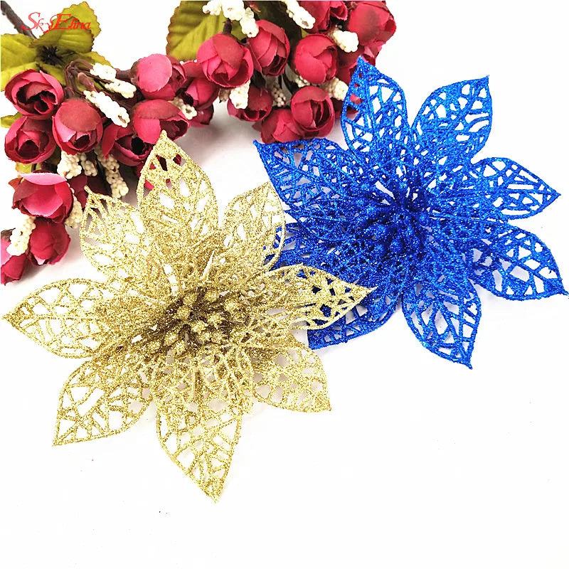 10Pcs/Set Christmas Flowers Xmas Christmas Tree Decorations Glitter Hollow Wedding Party Decor Gold/Silver/Red/Green/Blue 8Z