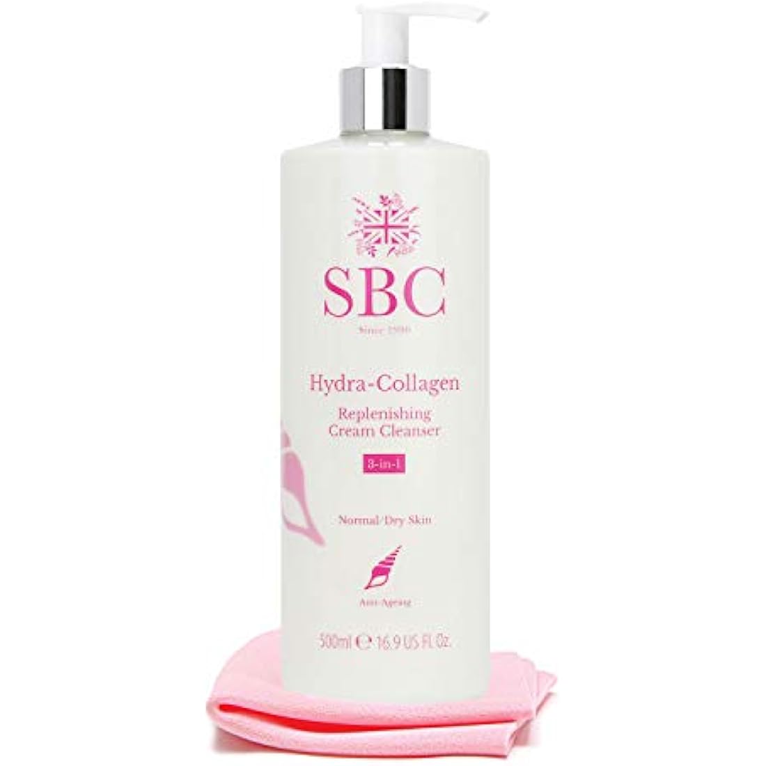 SBC Skincare Hydra-Collagen Replenishing Cream Cleanser with Skin Shammy 500ml, Anti-Ageing Collagen Facial Cleanser, Removes Make-Up, Cleanses, Hydrates