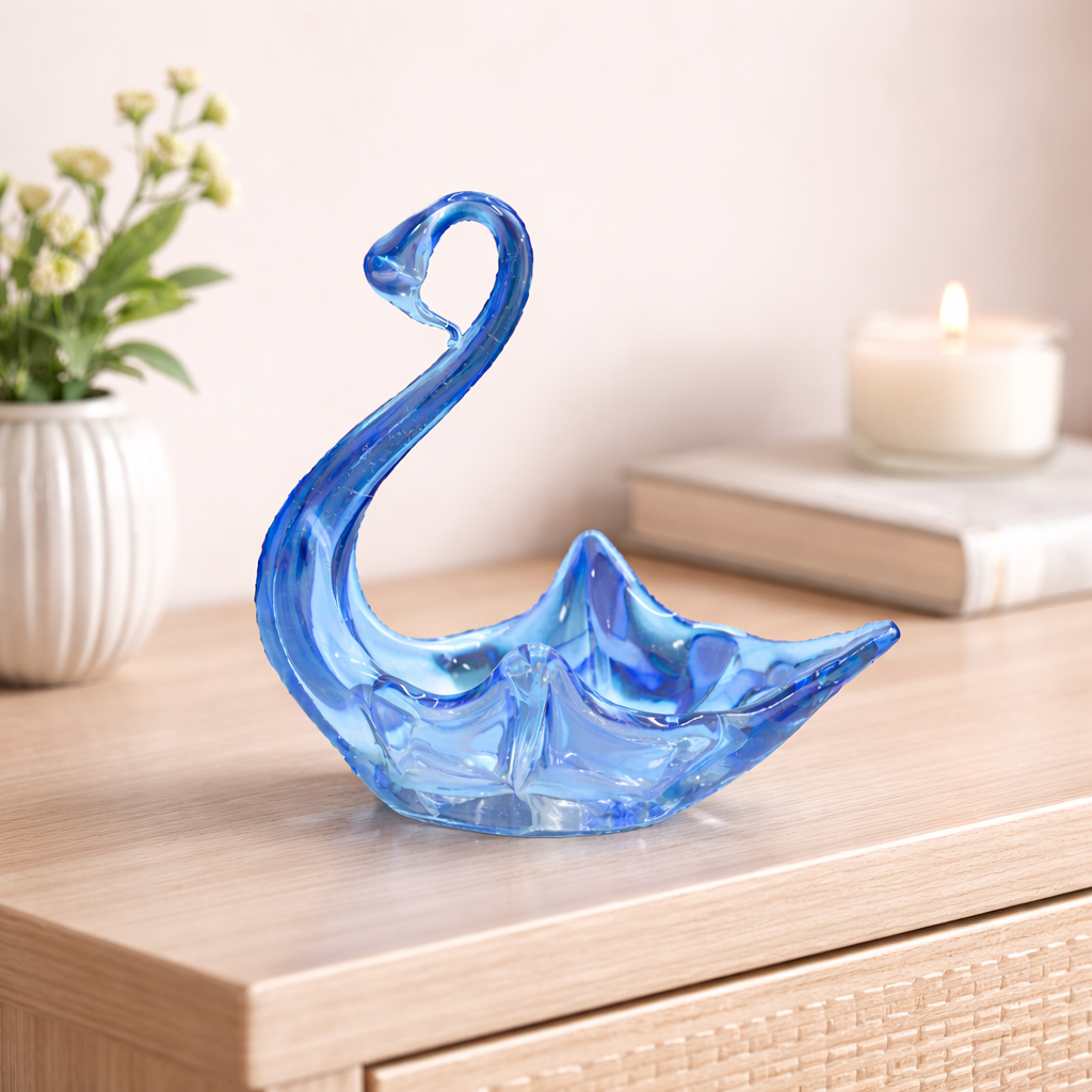ART GLASS SWAN DISH BLUE & CLEAR GLASS