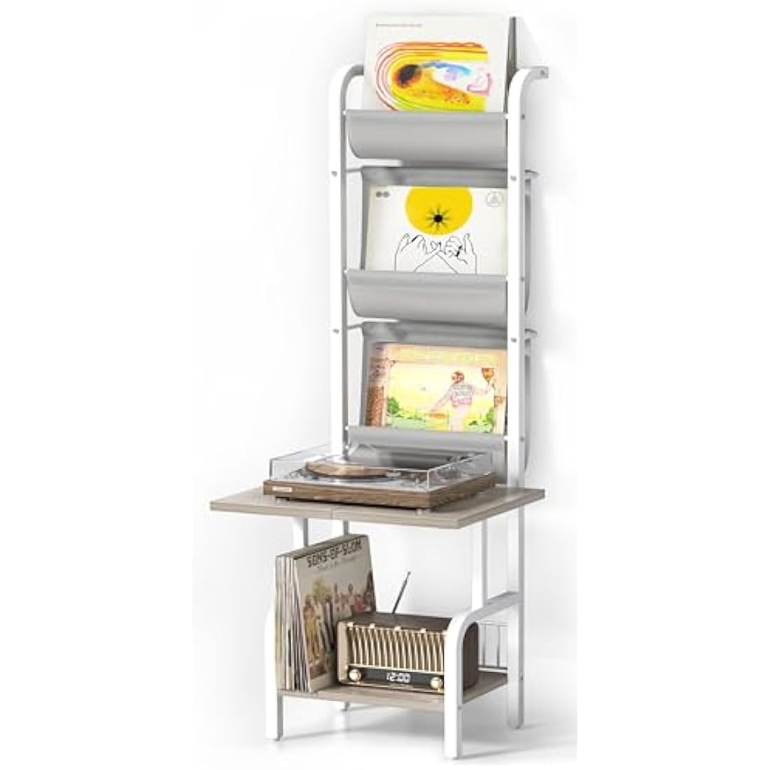 Bikoney Vinyl Record Storage with Player Stand, Turntable Stand and Display Shelf for Up to 200 Albums, Vinyl Record Holder Cabinet with Wall Mount for Living Room or Bedroom White
