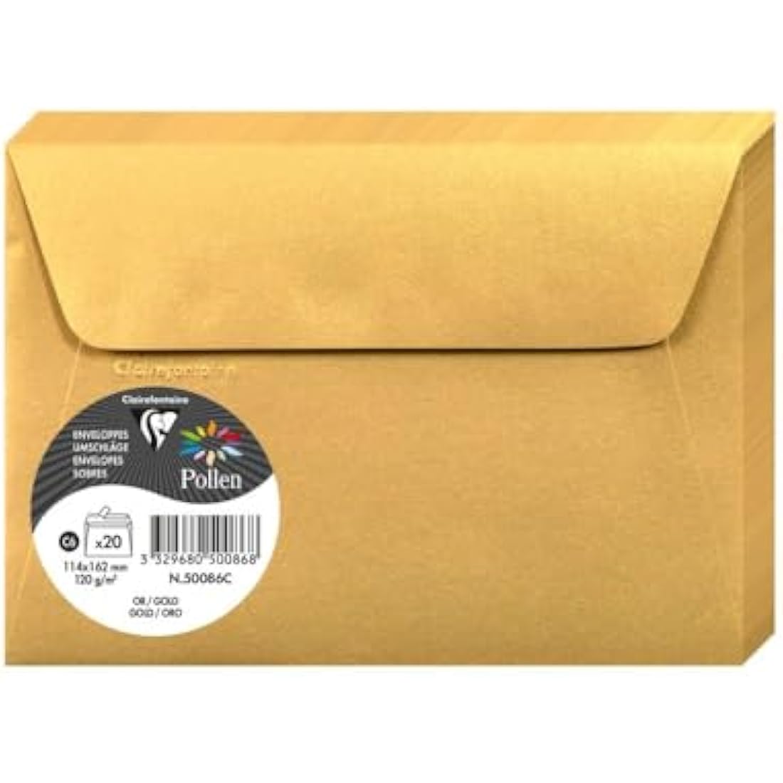 Clairefontaine - Ref 50086C - Pollen Iridescent Adhesive Envelopes (Pack of 20) - C6 (114 x 162mm) in Size, 120gsm Paper, Easy-to-Peel Adhesive Strip - Gold
