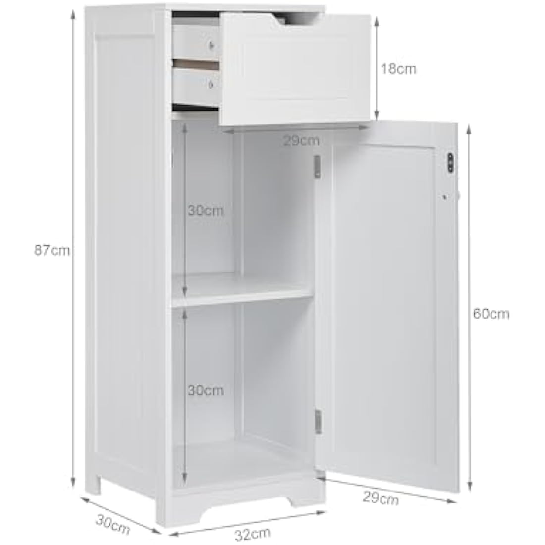 Mondeer Bathroom Floor Cabinet, Storage Unit With 1 Drawer 1 Door 2 Shelves, 32x30x87cm White MDF Painted Wood Free Standing Cupboard for Bathroom Living Room Porch