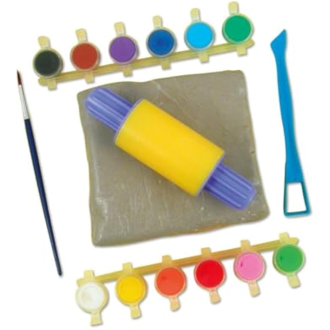 Galt First Pottery - Fun Arts and Crafts Kit for Kids - Childrens Air Dry Clay Painting and Pottery Set for Girls and Boys with Ceramic Paints,Mini Rolling Pin,Paintbrush and Guide - Ages 6 Years Plus