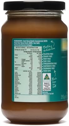 Beef Broth with Collagen Concentrate - Instant bone broth beverage boosted with grass-fed collagen. Halal Broth. Gluten Free, Preservative Free No spices or herbs. 375 gram Jar