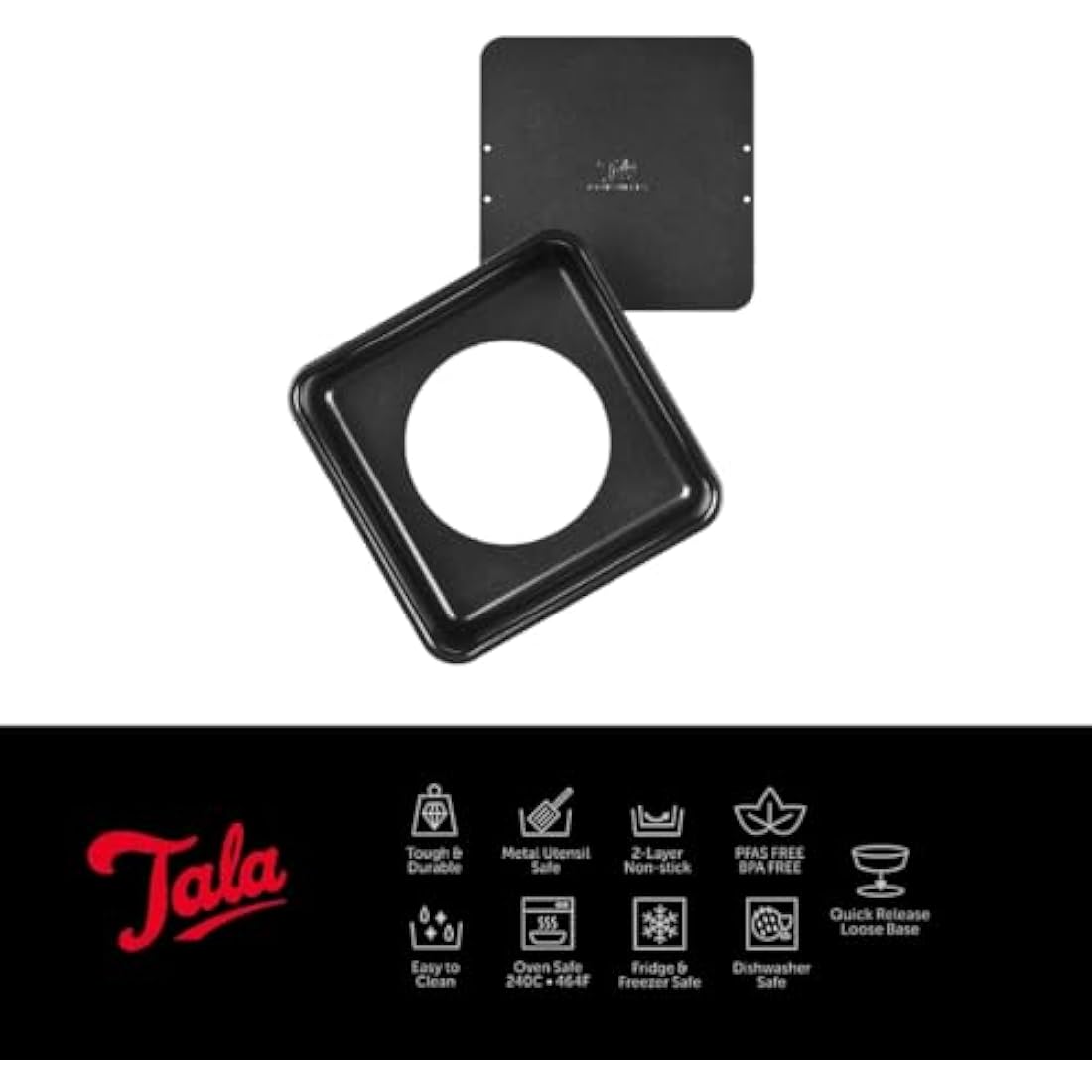 Tala Performance, Loose Base Square Cake Tin, Professional Gauge Carbon Steel with Eclipse Non-Stick Coating, 18 cm x 18 cm / 7" x 7" Cake Pan; Ideal for Bakes and Celebration Cakes