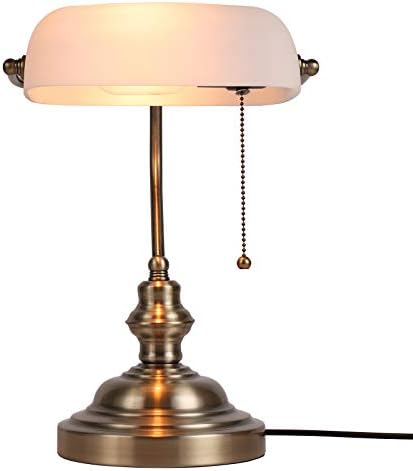 Newrays White Matted Glass Bankers Desk Lamp with Pull Chain Switch Plug in Fixture