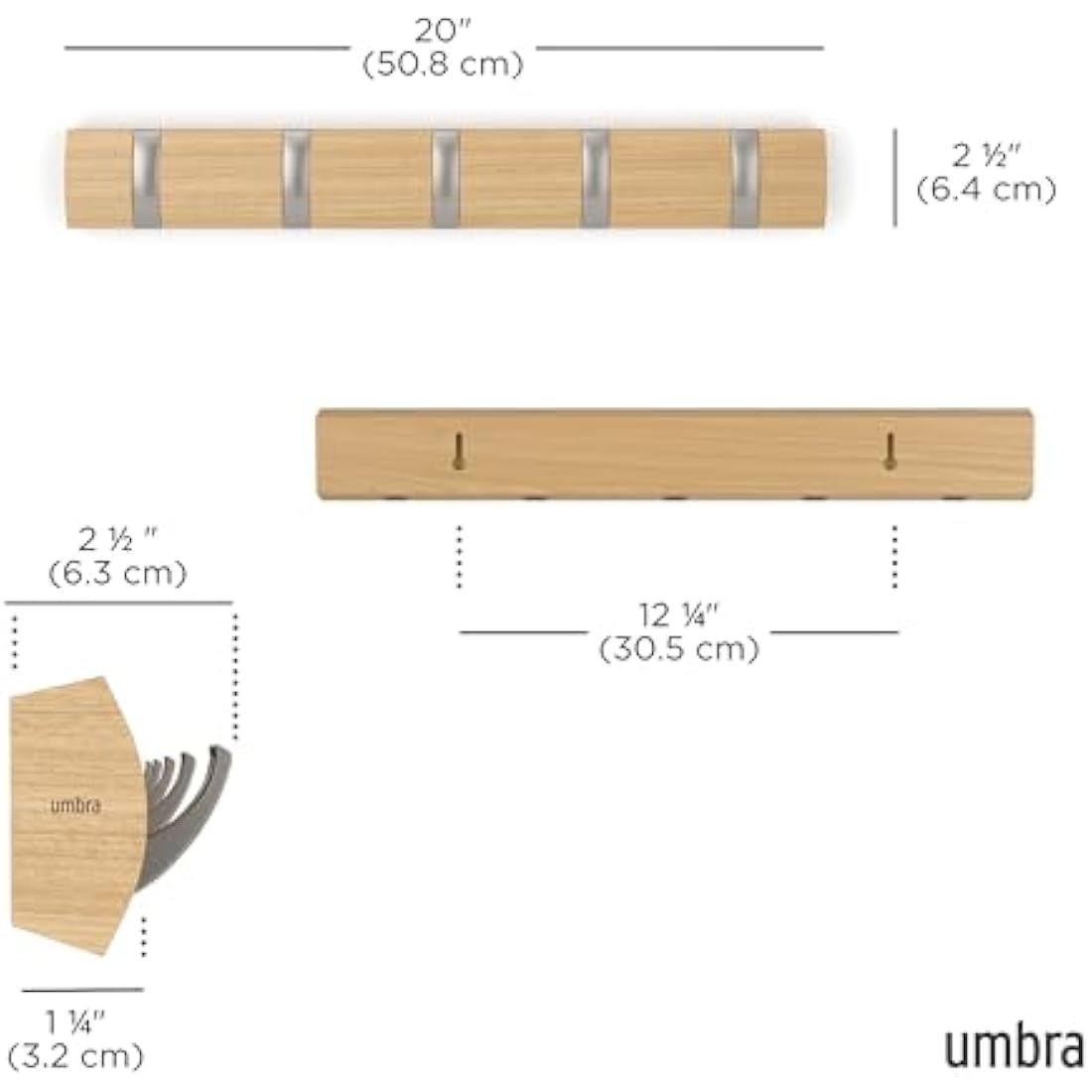 Umbra Flip 5-Hook Wall Mounted Coat Rack, Modern, Sleek, Space-Saving Coat Hanger with 5 Retractable Hooks to Hang Coats, Scarfs, Purses and More, Natural, Natur