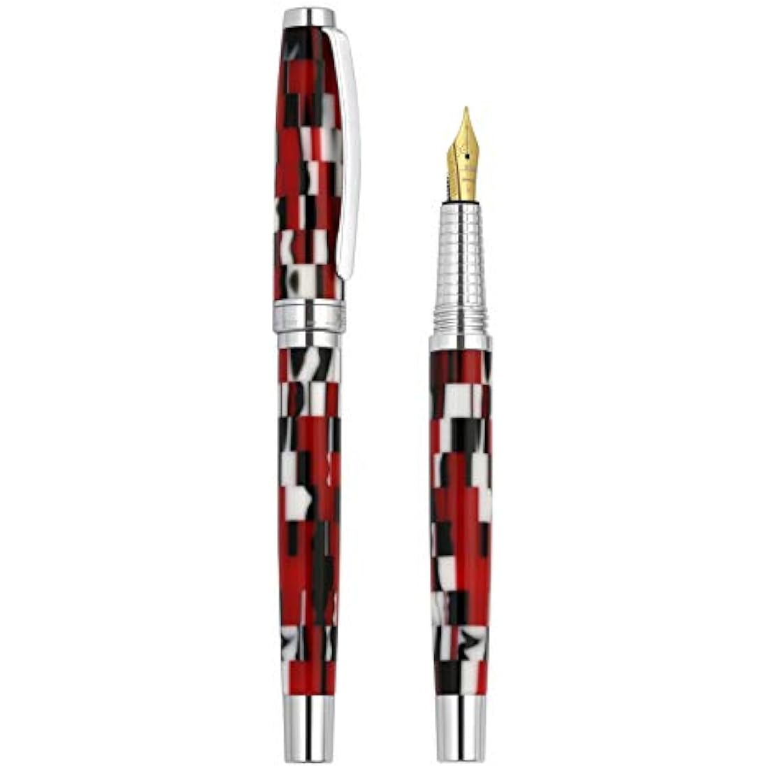 Xezo Urbanite II Fountain Pen, Medium Nib. Sporty Red, Black, and White Checkered Acrylic on Brass. Chrome Plated. Handcrafted, Limited Edition, Serialized