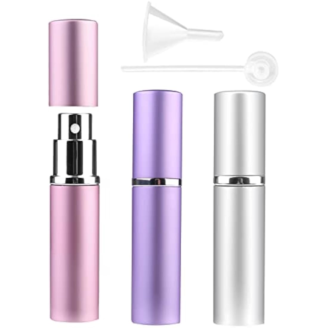 Zingso Refillable Travel Perfume Atomiser Bottles, 3 Pcs 6ml, Mini Portable Spray Bottles for Perfume Aftershave, Empty Travel Bottles with Funnel (Pink+Silver+Purple)