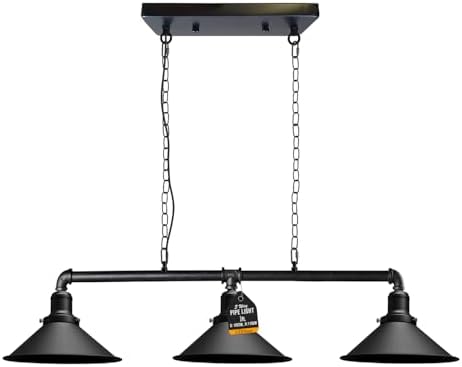LEDSone Industrial 3 Way Pipe Pendant Lamp E27 Lamp Holder 22cm Black Cone Shade Ceiling Light Fixture with 95cm Adjustable Hanging Chandelier for Dining Room, Kitchen Island, Bar