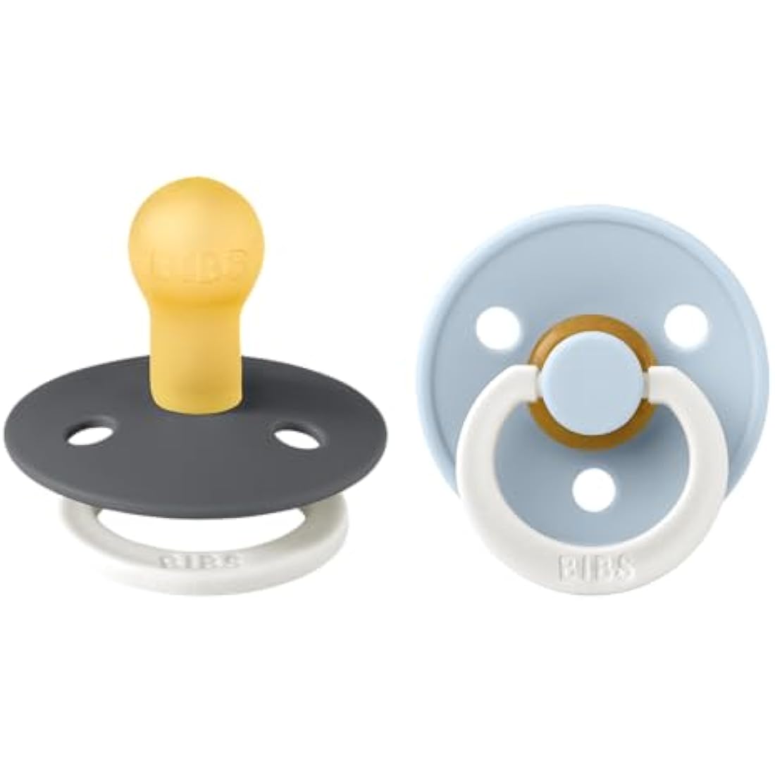 BIBS Colour Night Glow in The Dark Soother 2-Pack, BPA Free Dummy Pacifier, Round Nipple. Natural Rubber Latex, Made in Denmark, Size 1 (0-6 Months), Baby Blue Glow