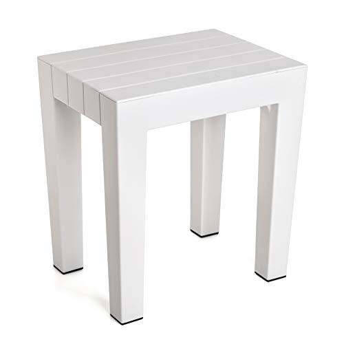 TATAY rectangular stool made of white textured polypropylene, with a wood effect finish. Anti-UV protection, suitable for indoor and outdoor use. Size