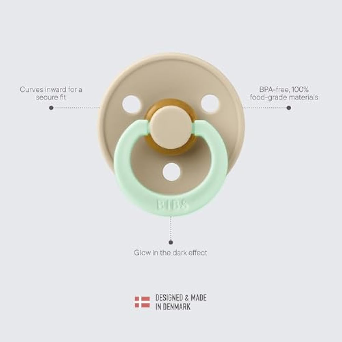 BIBS Colour Glow Soother 2-Pack, Glow in The Dark BPA Free Dummy Pacifier, Round Nipple. Natural Rubber Latex, Size 1 (0-6 Months), Blush Night/Vanilla Night