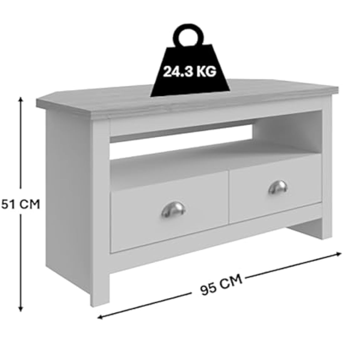GFW Lancaster Wood Corner TV Cabinet With Shelf & Drawers, Cream, 95 x 51 x 45 cm