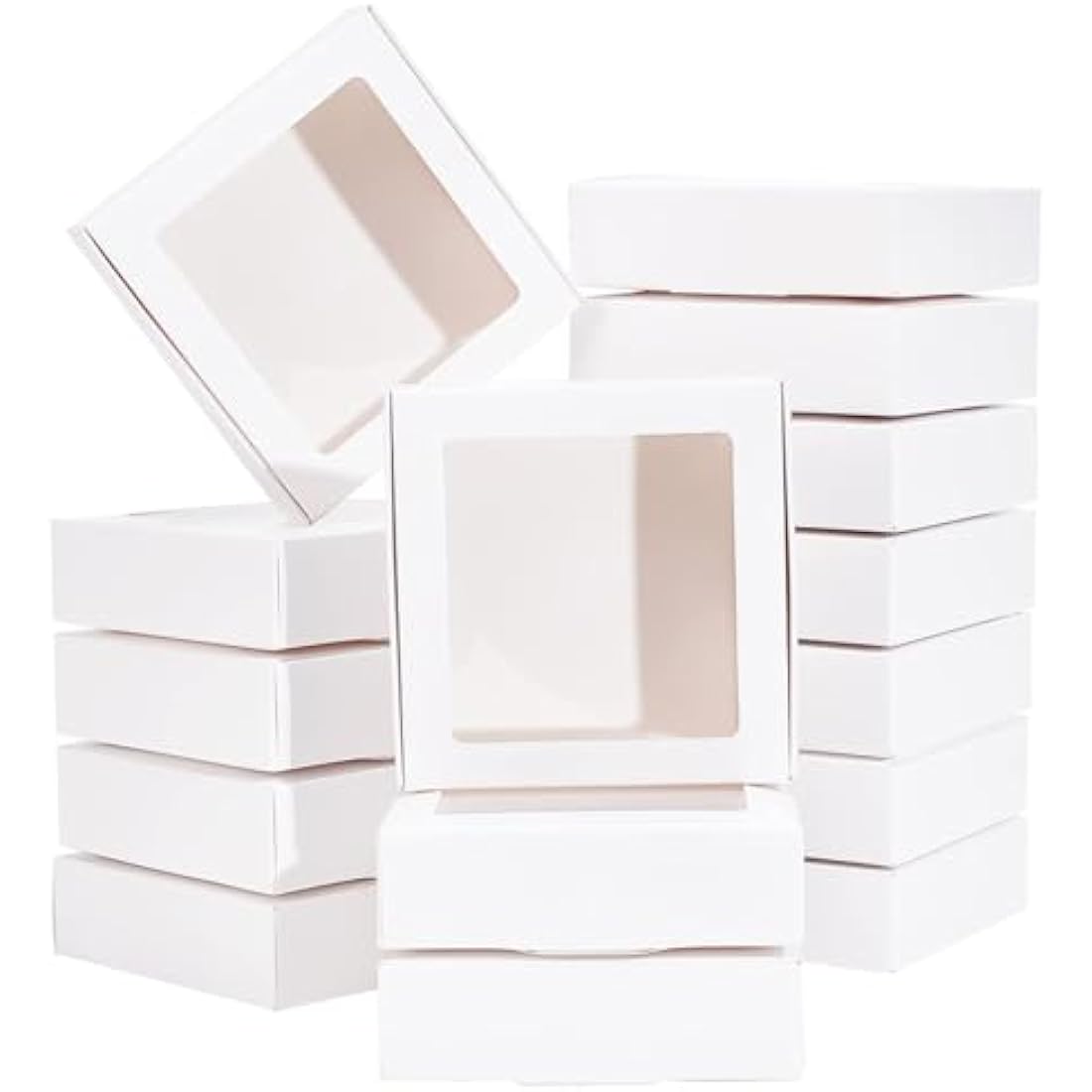 BENECREAT 16Packs 10.5x10.5x3cm Clear PVC Square Window Gift Boxes, White Kraft Paper Present Packing Boxes for Party Favor Treats, Cookies, Small Gifts or Crafts