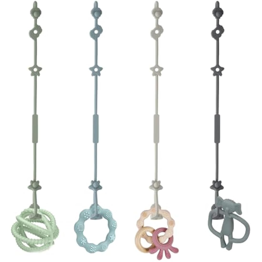 Vicloon Silicone Toy Clip, 4Pcs Toy Safety Straps, Food Grade Silicone Pacifier Clips Sippy Cup Strap, Adjustable Stroller Pacifier Strap Hanging Toys, Baby Toy Anti Drop Chain (Blue/Green)
