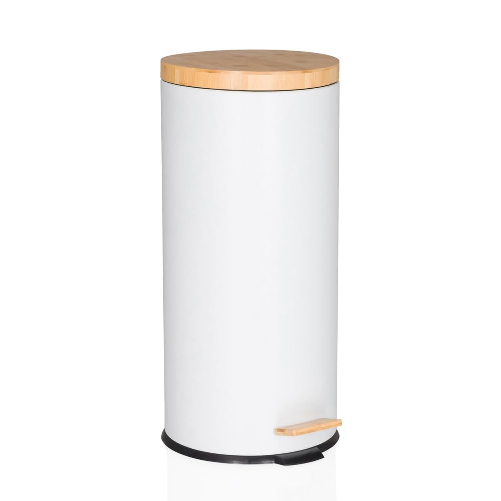 hjh OFFICE waste garbage can 30 liters, pedal bin with bamboo lid, softclose CLEAN BAMBOO metal waste garbage can with inner bin, white matt