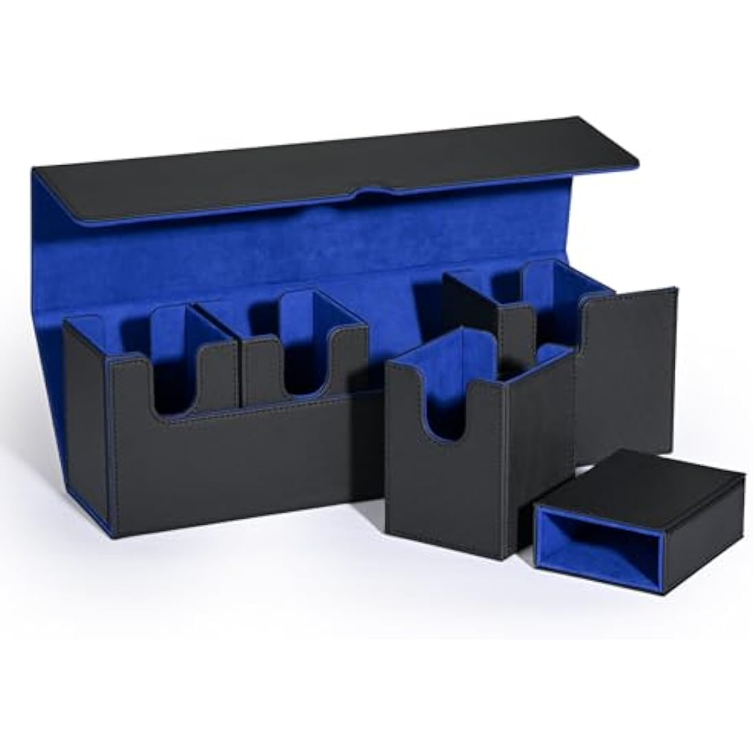 UAONO Card Storage Box with Dice Tray for MTG Yugioh, 5 in 1 Card Deck Case Holds 900+ Unsleeved Cards, Strong Magnet Card Organizer for Magic Commander TCG CCG Sports Cards (Black&Blue)