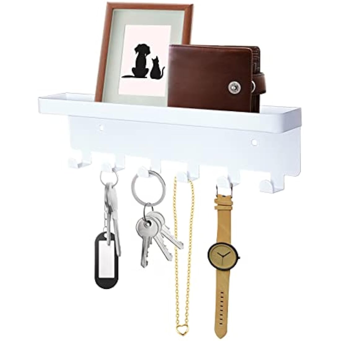 GTK Key Holder for Wall, Key Hooks with Tray and 6 Hooks, Wall Mounted Key Holder for Hallway, Key Rack with Shelf for Mail Storage (White)
