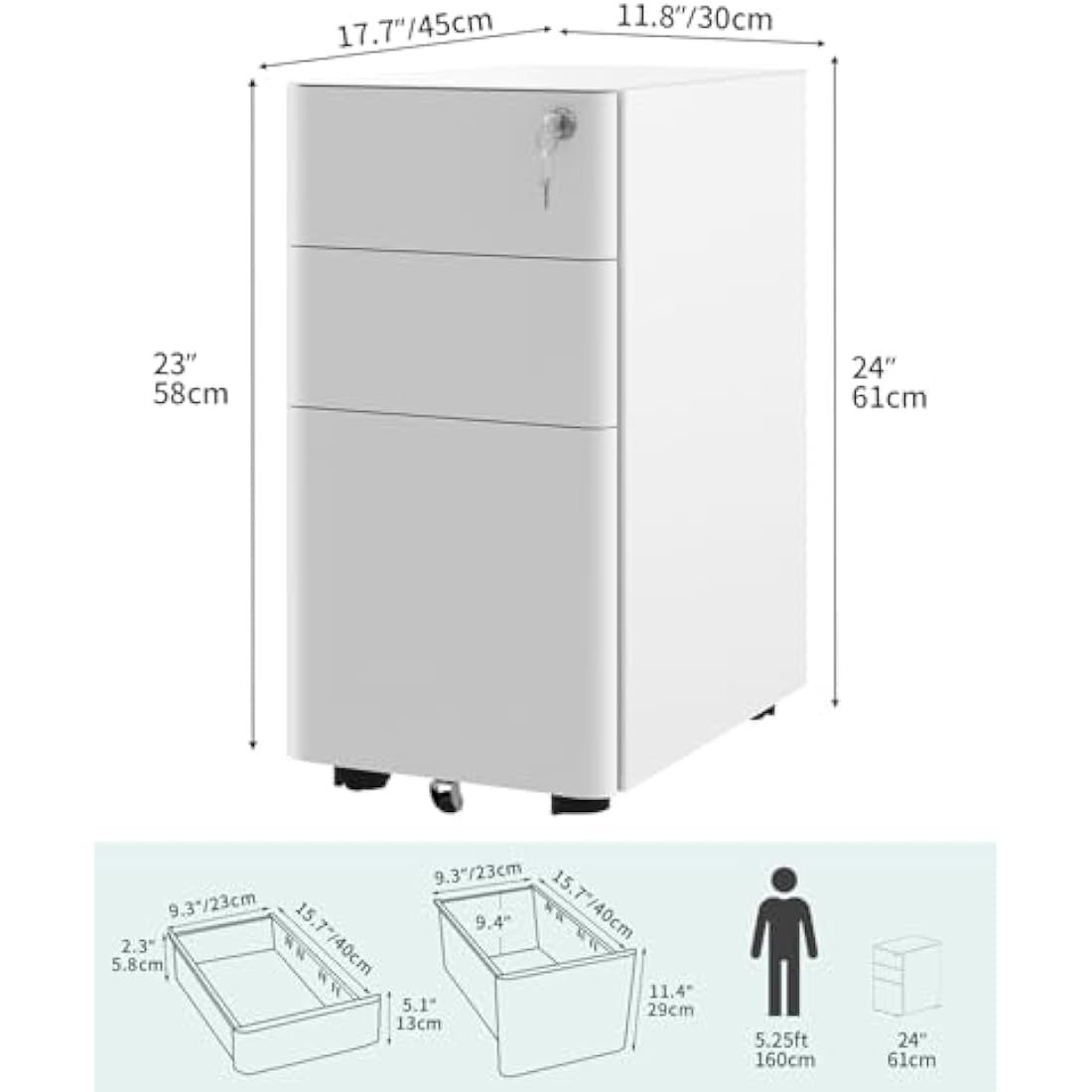 YITAHOME 3-Drawers Filing Cabinet Lockable, Home Office Mobile File Cabinets with Wheel, Under Desk File Office Cabinet for Letter/Legal/A4, Fully Assembled, White, 30 x 45 x 61cm