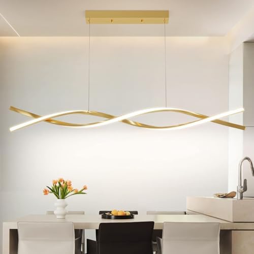 Mikeru 120cm Modern Wave Pendant Light, Gold Kitchen Island Lights Dimmable 10% to 100% Height Adjustable Chandelier 3000K/4500K/6000K 3 Color Change with Memory Function for Restaurant