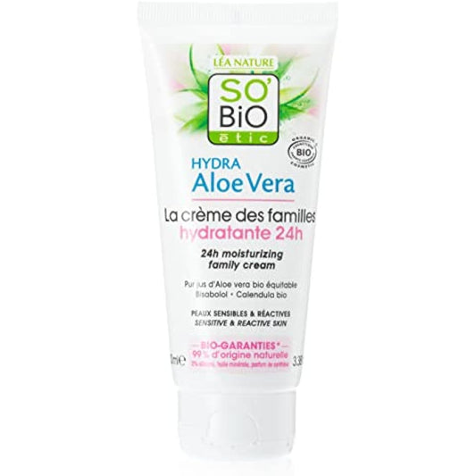 SO'BiO étic Hydra Aloe Vera 24 Hours Hypoallergenic Sensitive and Reactive Skin Cosmebio Moisturizing Family Cream, 100 ml