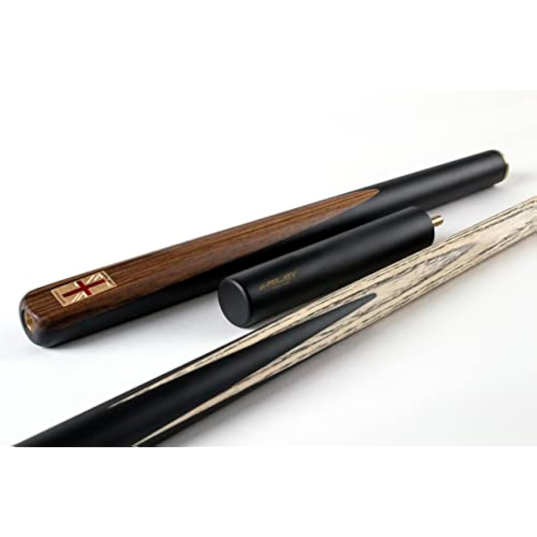Riley England 3 Piece Snooker Cue & Hard Case 3/4 Cut – Hand Spliced Ebony Butt - 145cm - North American Ash Shaft with 9.5mm Tip - Includes 15cm Extension & Accessory Pack